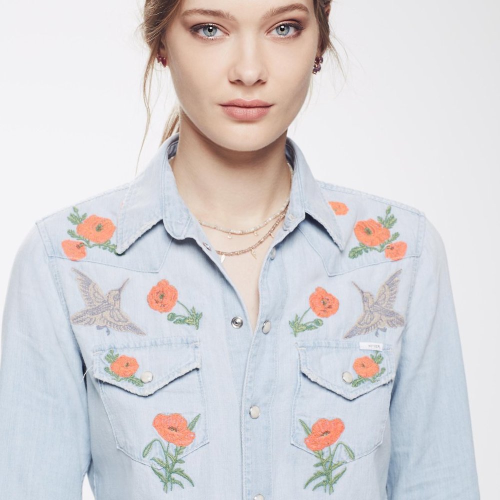 MOTHER "All My Ex's" Embroidered Denim Shirt, Sz S